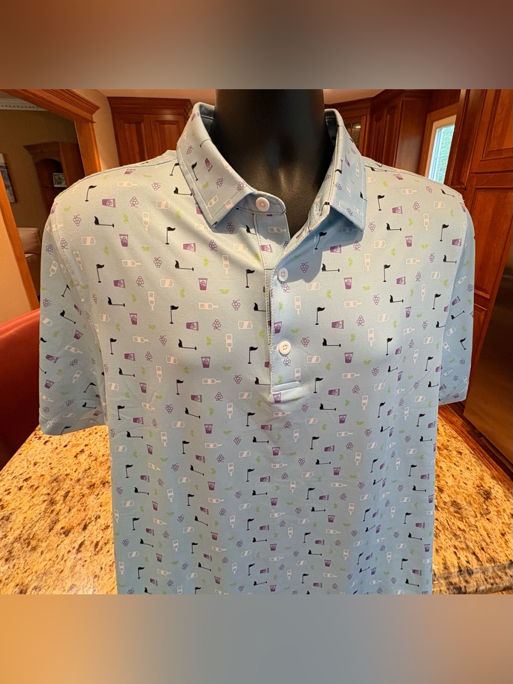Deolax Men's performance Golf Polo. Sharp golf/cocktail print over blue. Large